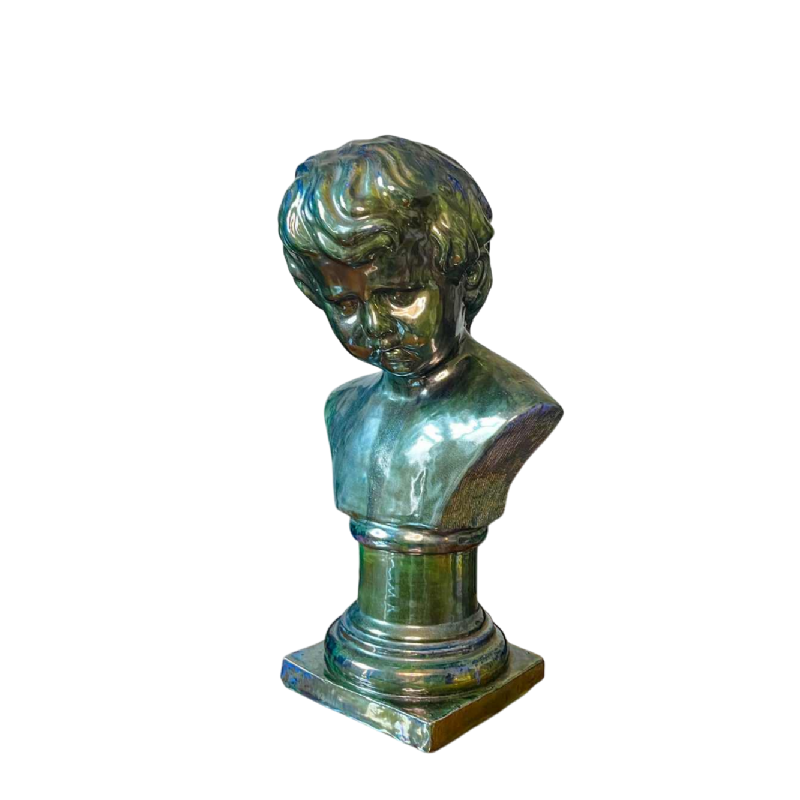 Louis Gustave Cambier & Roger Guérin, sculptuur “Buste van een jonge jongen” gezouten steengoed, Bouffioulx ca 1925