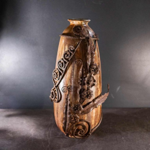 ROGER GUERIN & FRANCOIS CARION, vase obus Art Déco en gre`s sale´ grand feu, monture fer forge´, Bouffioulx ca 1920