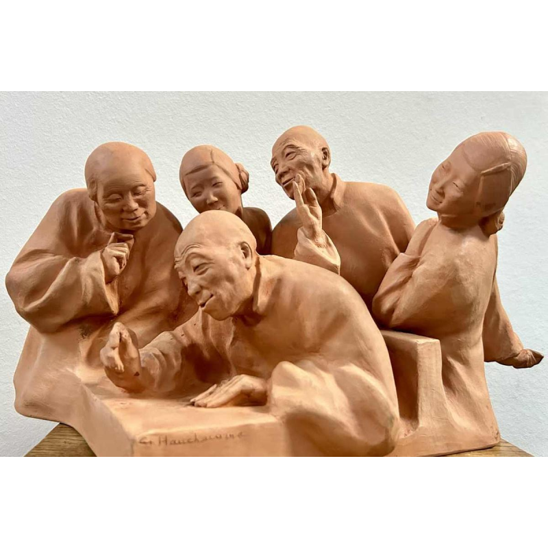 G. Hauchecorne "Assemblée de chinois" sculpture en terre cuite, ca 1920
