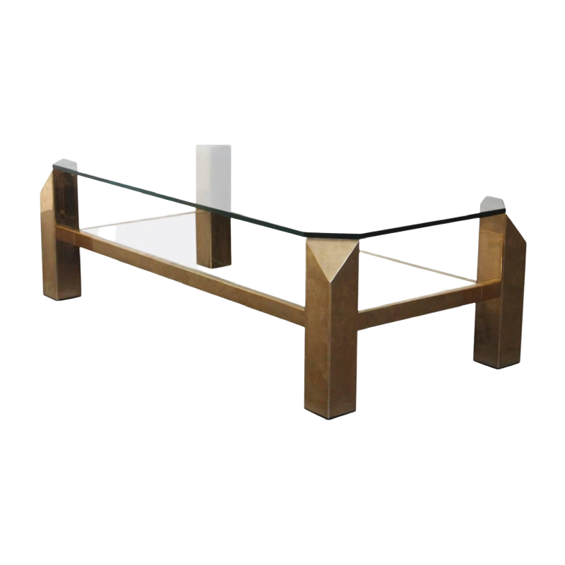 Belgo Chrome, Table Basse Salon Hollywood Regency, Laiton & Verre, ca 1970