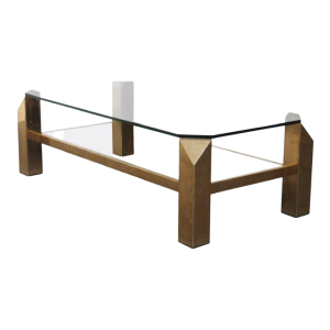 Belgo Chroom, Hollywood Regency Salontafel, Messing & Glas, ca 1970