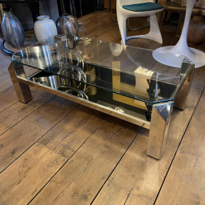 Belgo Chroom, Hollywood Regency Salontafel, Messing & Glas, ca 1970