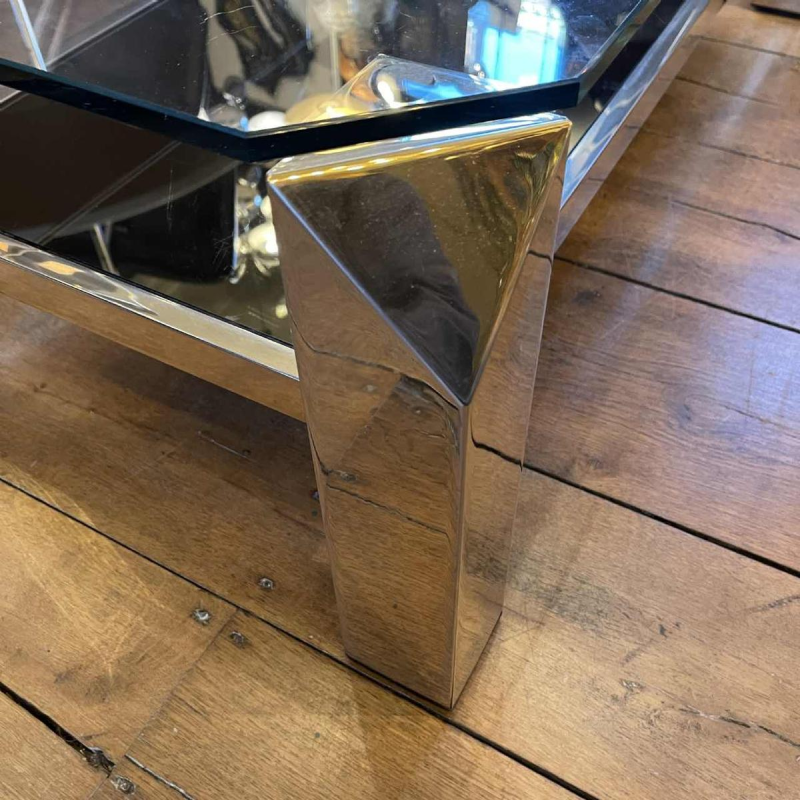 Belgo Chrome, Table Basse Salon Hollywood Regency, Laiton & Verre, ca 1970