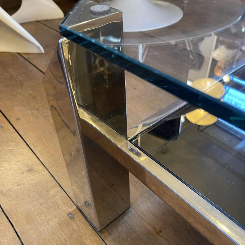 Belgo Chrome, Table Basse Salon Hollywood Regency, Laiton & Verre, ca 1970