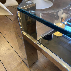 Belgo Chrome, Table Basse Salon Hollywood Regency, Laiton & Verre, ca 1970