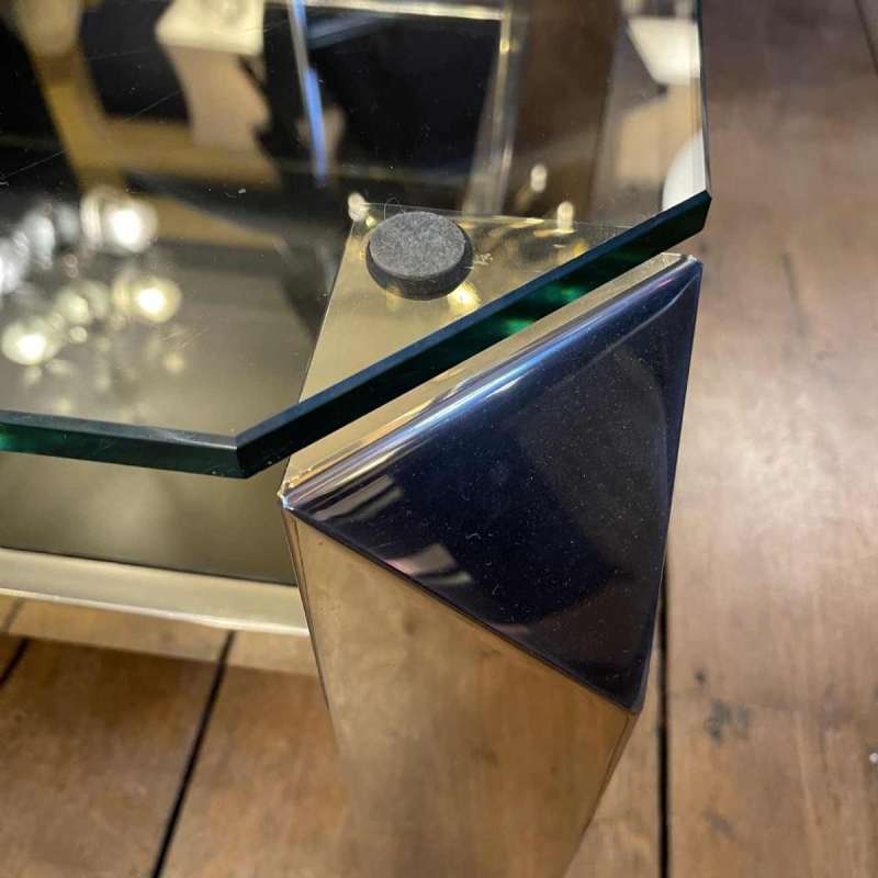 Belgo Chrome, Table Basse Salon Hollywood Regency, Laiton & Verre, ca 1970