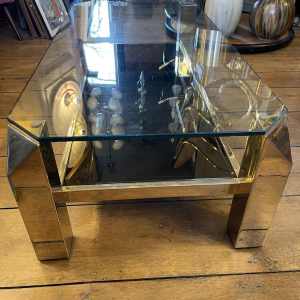 Belgo Chroom, Hollywood Regency Salontafel, Messing & Glas, ca 1970