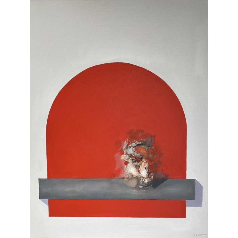André SPRUMONT (1938-): « La tension du rouge » 1999 hst 80x70 cm