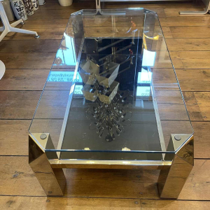 Belgo Chrome, Table Basse Salon Hollywood Regency, Laiton & Verre, ca 1970