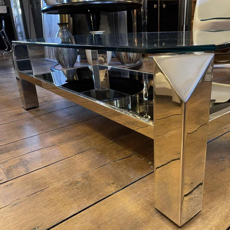 Belgo Chrome, Table Basse Salon Hollywood Regency, Laiton & Verre, ca 1970