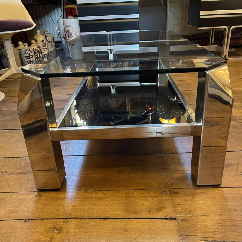 Belgo Chrome, Table Basse Salon Hollywood Regency, Laiton & Verre, ca 1970