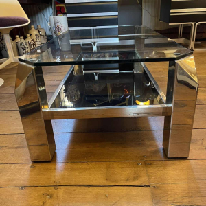 Belgo Chroom, Hollywood Regency Salontafel, Messing & Glas, ca 1970