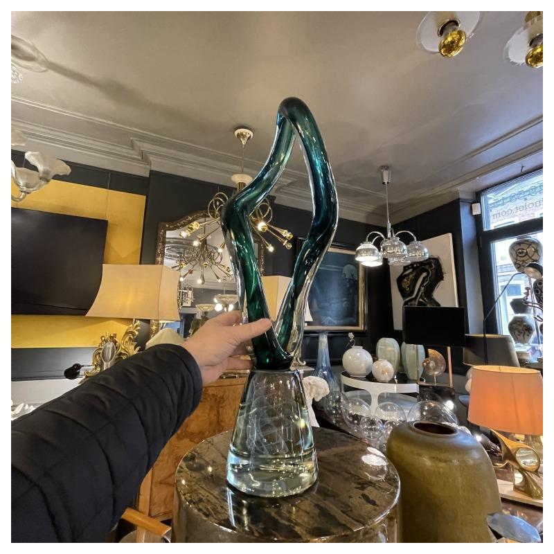 ROBERT PIERINI " Torsade " Importante Sculpture de Verre (70cm), Pied Filigrané, 1995