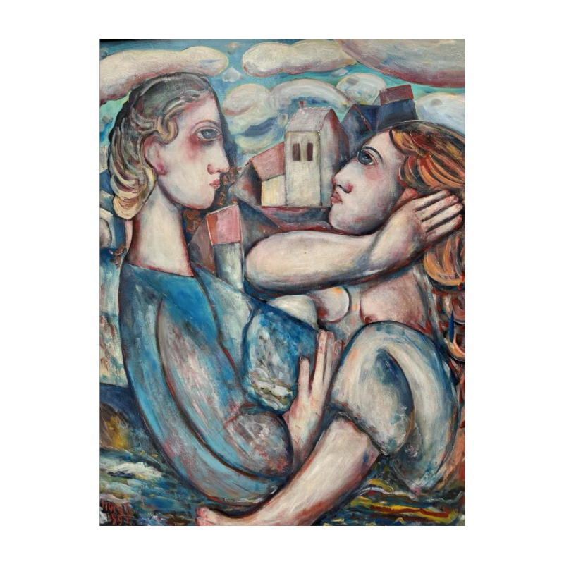 Marcel HOCQ (1933-2021): « De ontmoeting » schilderij olie op paneel