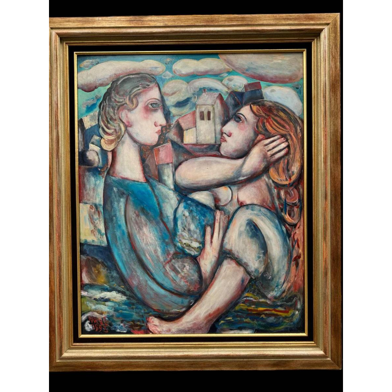 Marcel HOCQ (1933-2021): « De ontmoeting » schilderij olie op paneel