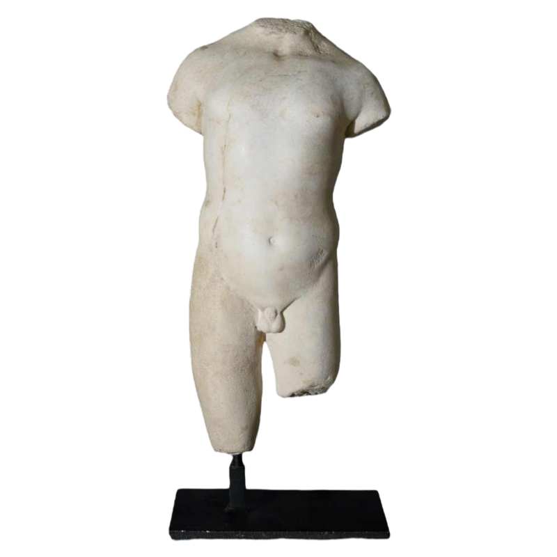 Sculptuur van een marmeren torso die een ephebe voorstelt, Romeinse periode, 1ste tot 2de eeuw n.Chr.