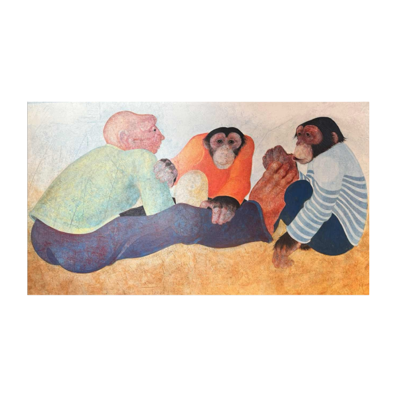 Jean-Pierre FELIX "L'homme et les 2 singes" (De man en de 2 apen) schilderij olie op paneel