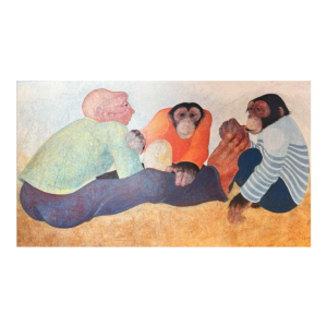 Jean-Pierre FELIX "L'homme et les 2 singes" (De man en de 2 apen) schilderij olie op paneel
