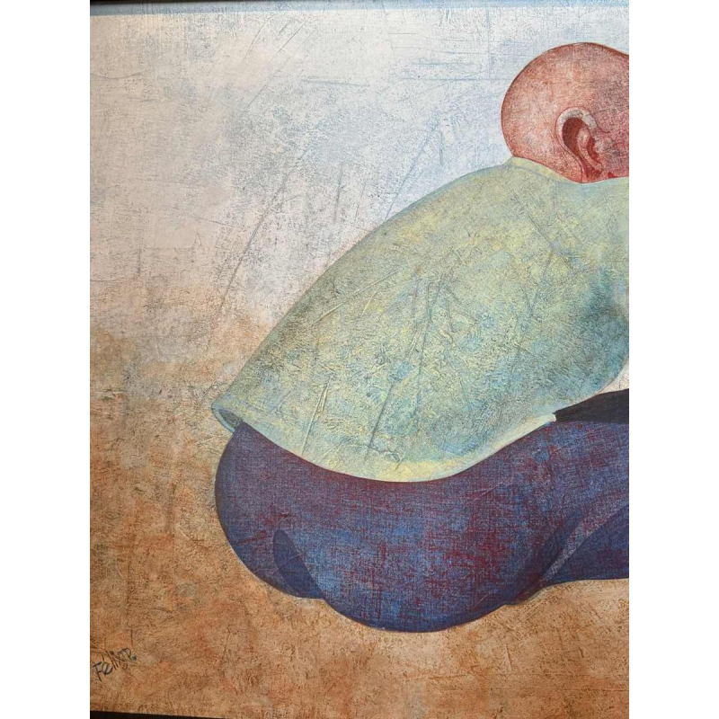 Jean-Pierre FELIX "L'homme et les 2 singes" (De man en de 2 apen) schilderij olie op paneel