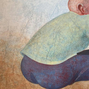 Jean-Pierre FELIX "L'homme et les 2 singes" (De man en de 2 apen) schilderij olie op paneel