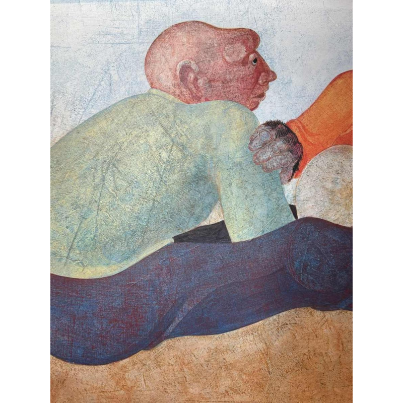 Jean -Pierre FELIX "L'homme et les 2 singes" (The man and the 2 monkeys) painting oil on panel