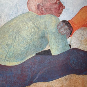 Jean-Pierre FELIX « Lhomme et les 2 singes » tableau huile sur panneau