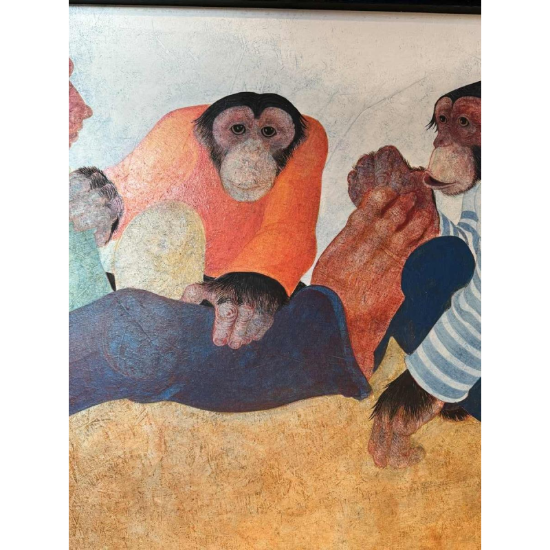 Jean-Pierre FELIX « Lhomme et les 2 singes » tableau huile sur panneau