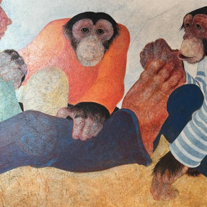 Jean-Pierre FELIX "L'homme et les 2 singes" (De man en de 2 apen) schilderij olie op paneel