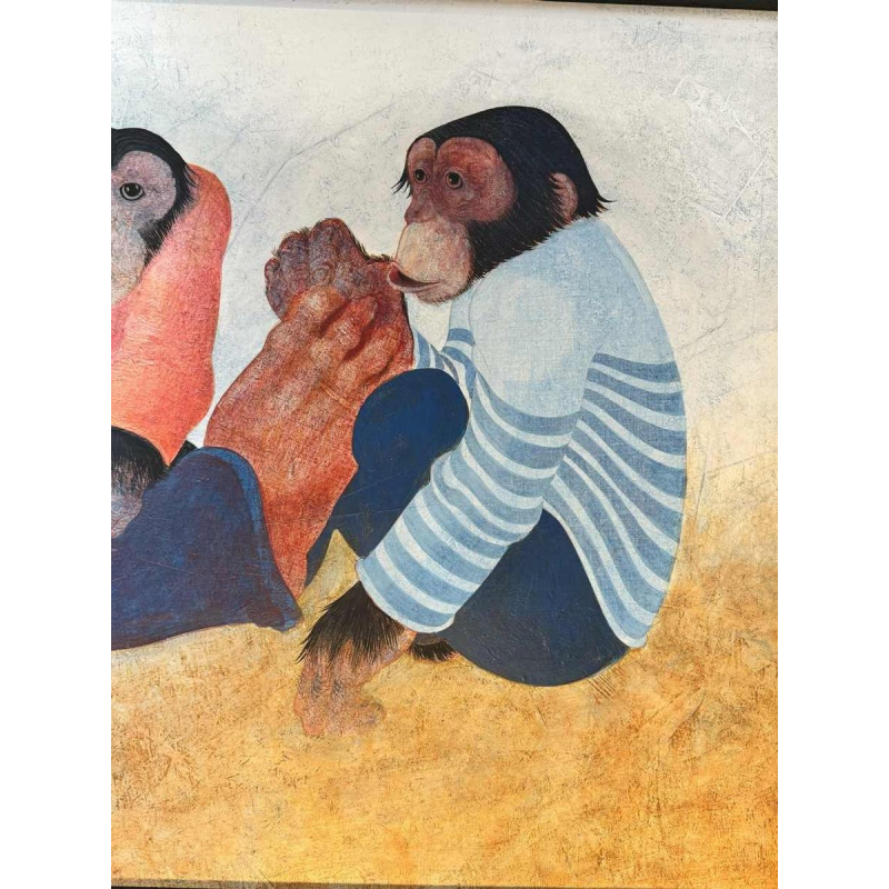 Jean-Pierre FELIX "L'homme et les 2 singes" (De man en de 2 apen) schilderij olie op paneel