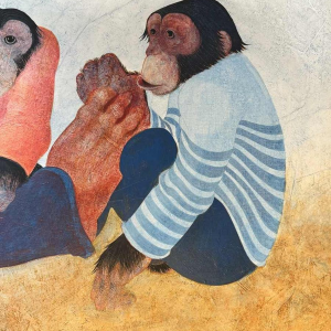 Jean-Pierre FELIX « Lhomme et les 2 singes » tableau huile sur panneau