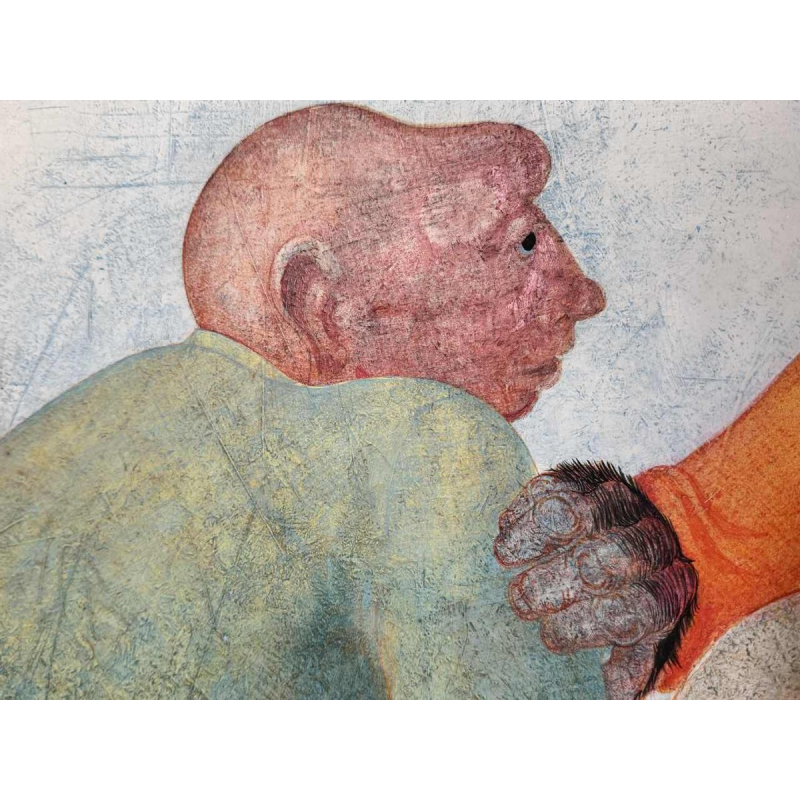 Jean -Pierre FELIX "L'homme et les 2 singes" (The man and the 2 monkeys) painting oil on panel