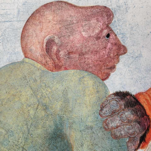 Jean-Pierre FELIX "L'homme et les 2 singes" (De man en de 2 apen) schilderij olie op paneel