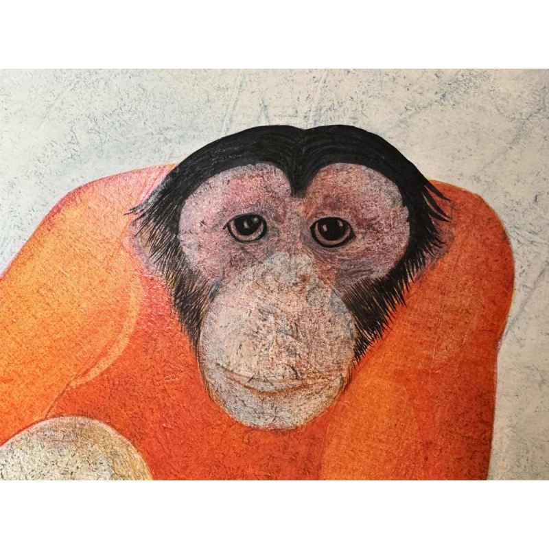 Jean -Pierre FELIX "L'homme et les 2 singes" (The man and the 2 monkeys) painting oil on panel