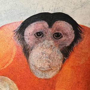 Jean-Pierre FELIX "L'homme et les 2 singes" (De man en de 2 apen) schilderij olie op paneel