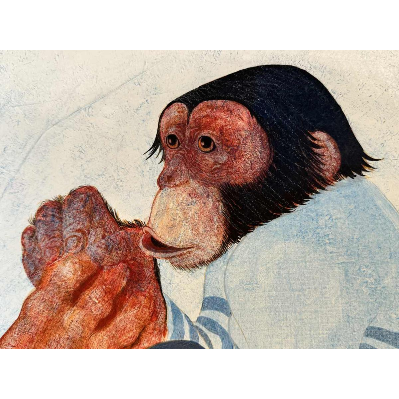 Jean-Pierre FELIX "L'homme et les 2 singes" (De man en de 2 apen) schilderij olie op paneel