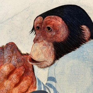 Jean-Pierre FELIX « Lhomme et les 2 singes » tableau huile sur panneau