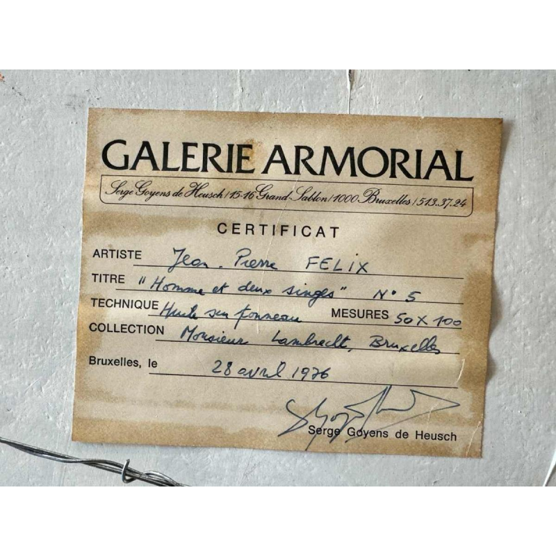 Jean -Pierre FELIX "L'homme et les 2 singes" (The man and the 2 monkeys) painting oil on panel