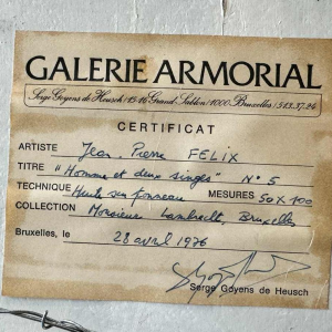 Jean-Pierre FELIX « Lhomme et les 2 singes » tableau huile sur panneau