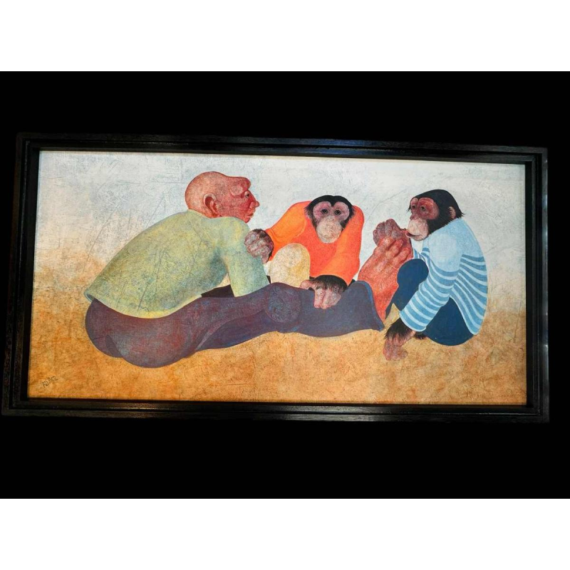 Jean-Pierre FELIX "L'homme et les 2 singes" (De man en de 2 apen) schilderij olie op paneel