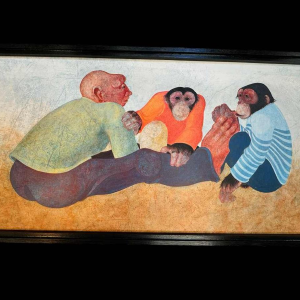 Jean -Pierre FELIX "L'homme et les 2 singes" (The man and the 2 monkeys) painting oil on panel