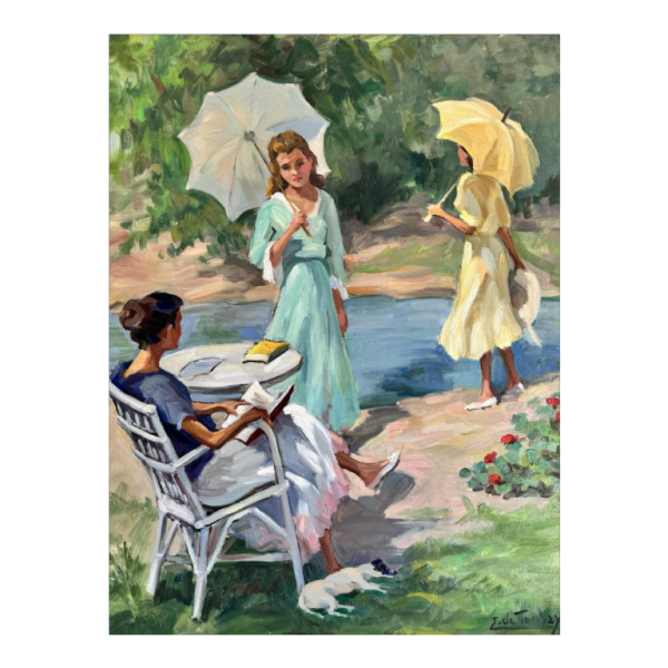 Ellen de TOMBAY (1918-1998): « Interrupted reading » painting oil on canvas