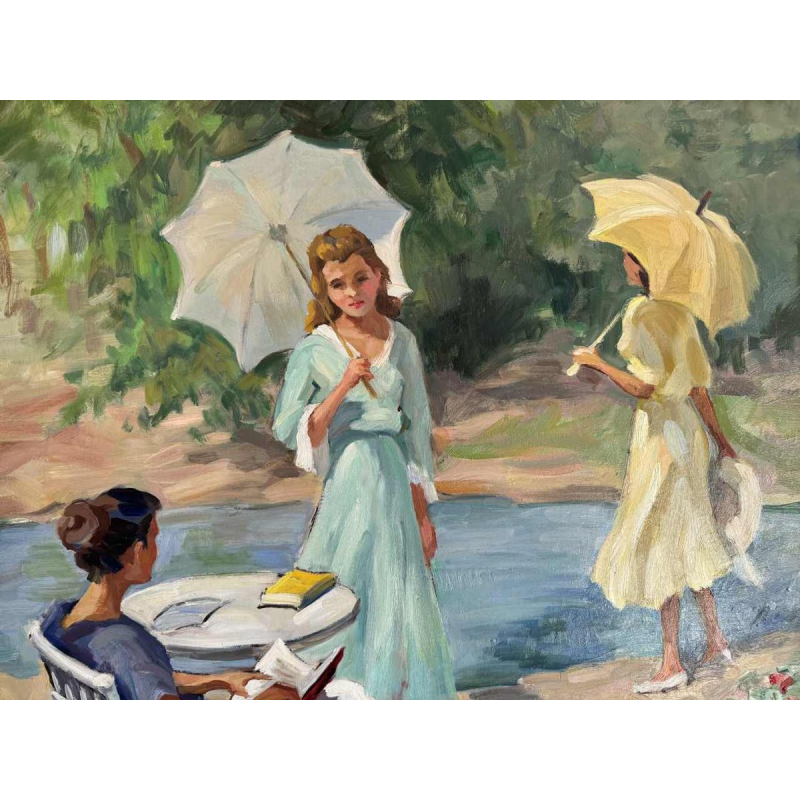 Ellen de TOMBAY (1918-1998): « Interrupted reading » painting oil on canvas