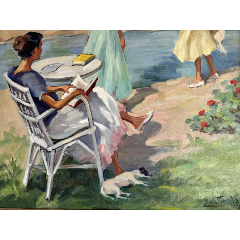 Réservé Ellen de TOMBAY (1918-1998): «Lecture interrompue» peinture huile