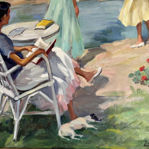 Ellen de TOMBAY (1918-1998): « Interrupted reading » painting oil on canvas