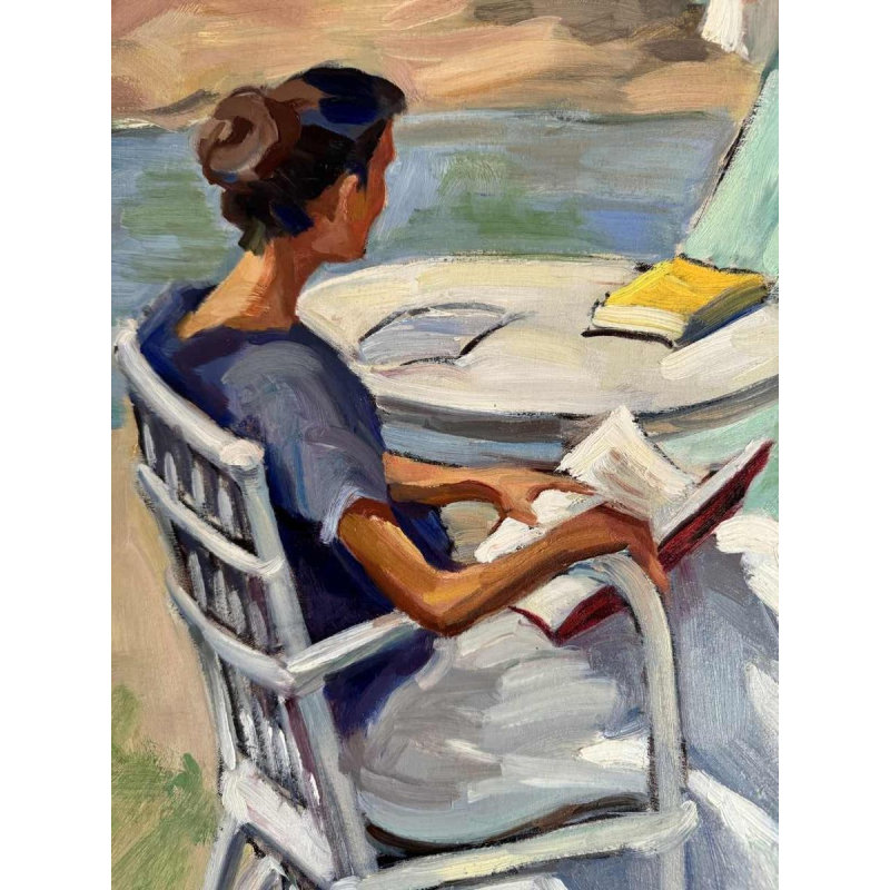 Ellen de TOMBAY (1918-1998): « Interrupted reading » painting oil on canvas