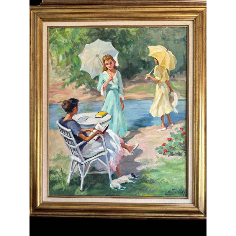 Ellen de TOMBAY (1918-1998): « Interrupted reading » painting oil on canvas