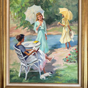 Ellen de TOMBAY (1918-1998): « Interrupted reading » painting oil on canvas