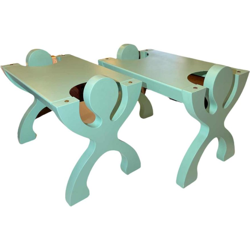 Pair Green Bedsides Table Stools Shelves Memphis Anthropomorphic Style 1980s