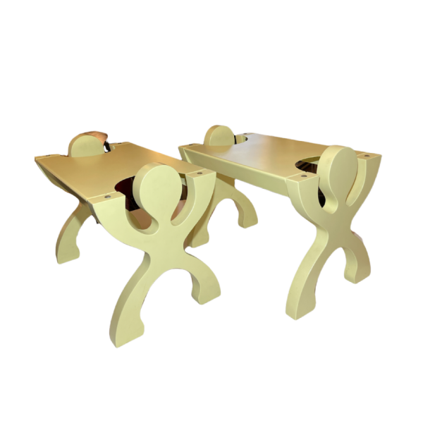 Pair Yellow Bedsides Table Stools Shelves Memphis Anthropomorphic Style 1980s