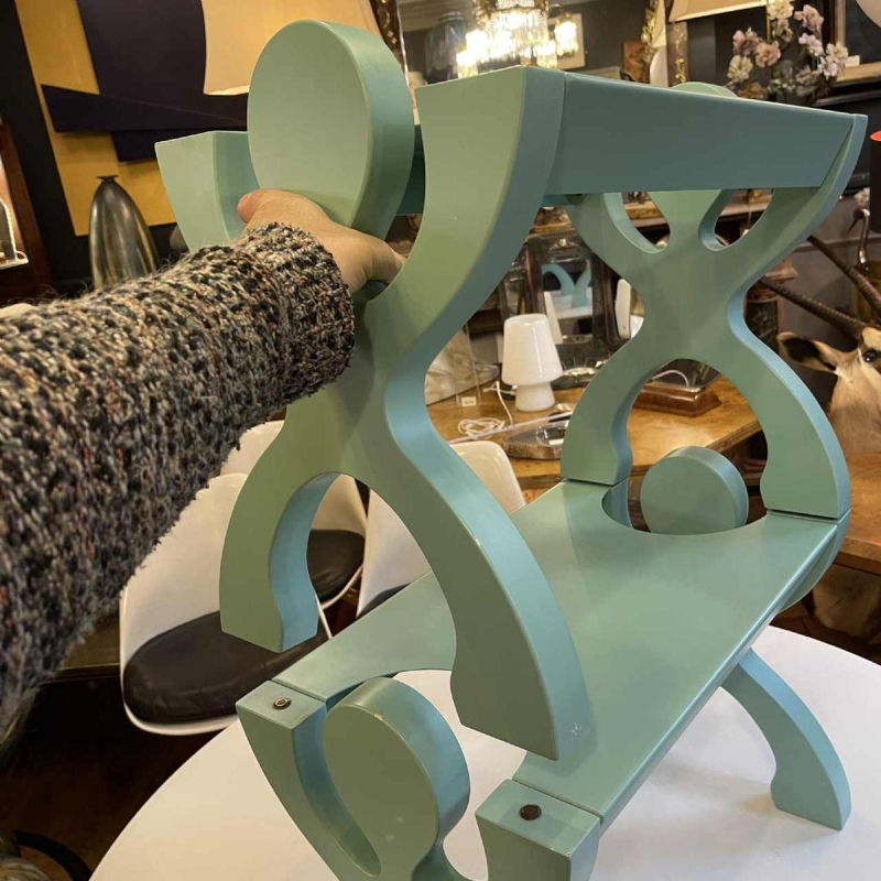 Pair Green Bedsides Table Stools Shelves Memphis Anthropomorphic Style 1980s